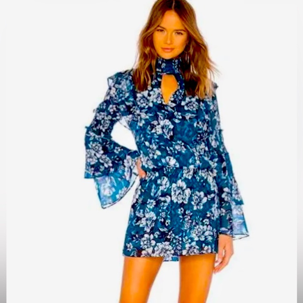 PARKER Elliana floral ruffled bohemian blue mini dress Medium NWT